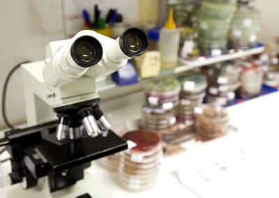 Microscopio y frascos de muestras en Biomaro Labs